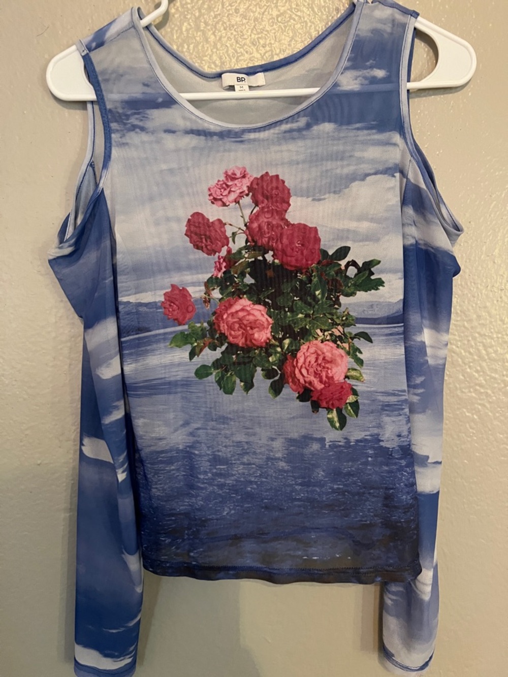 bp Blue Cold-Shoulder Top with Pink Rose Graphic